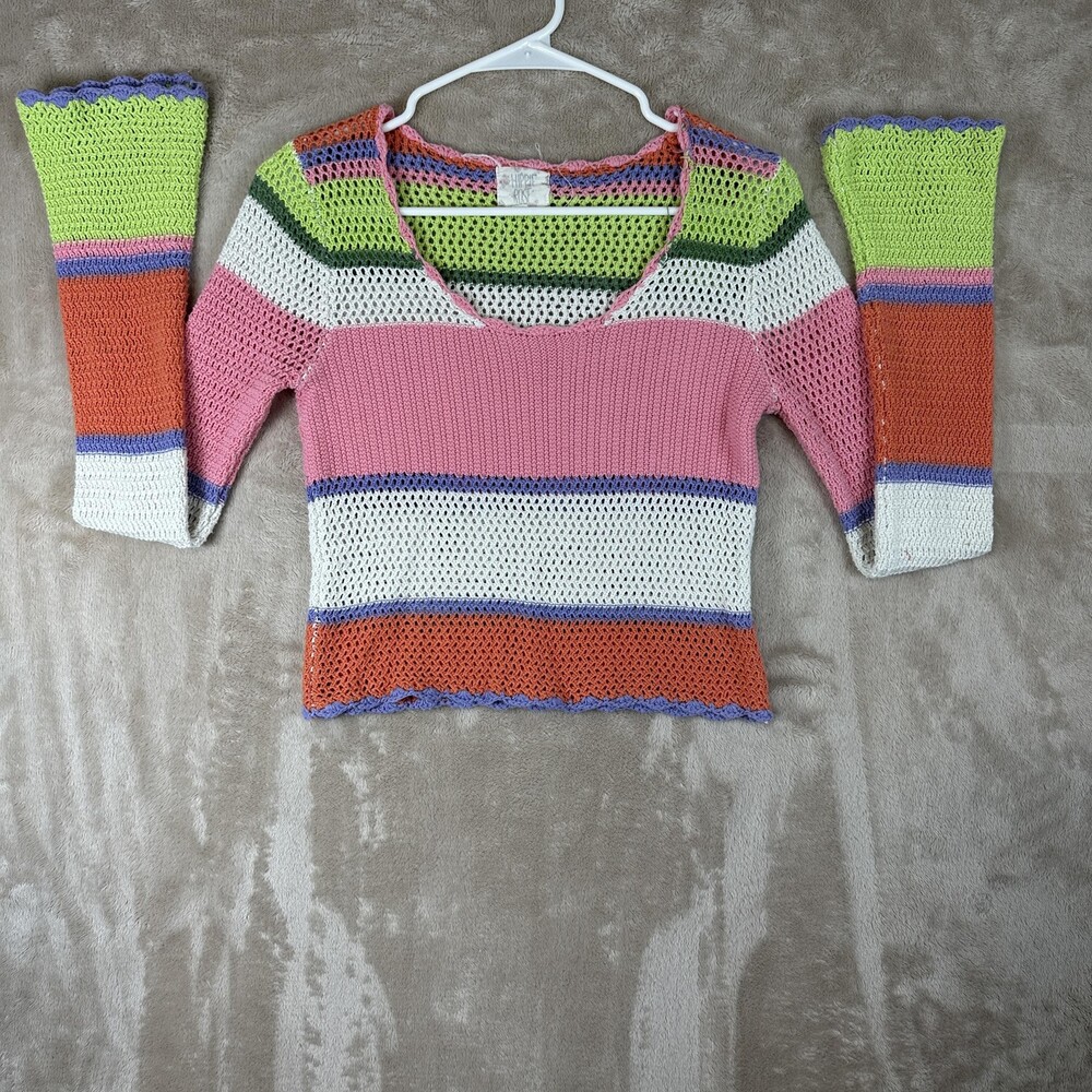 Hippie Rose Sweater Juniors Small Multicolor Crochet Stripe Bell Sleeve Boho